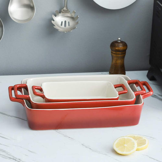 Bakeware Set, Ceramic Baking Dish, Rectangular Baking Pans Set, Casserole Dish for Cooking, Cake Dinner, Kitchen, Wrapping Upgrade, 12 x 8.5 Inches, 3-Piece (Gradient Red)