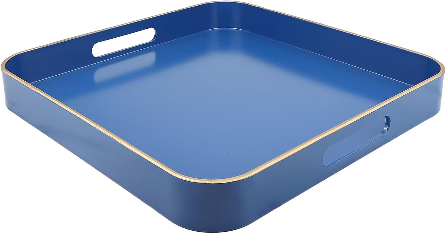Royal Blue Square Decorative Tray with Handles, 13"*13" Versatile Serving Tray for Coffee Table, Ottoman, Ideal for Serving, Displaying, Organizing