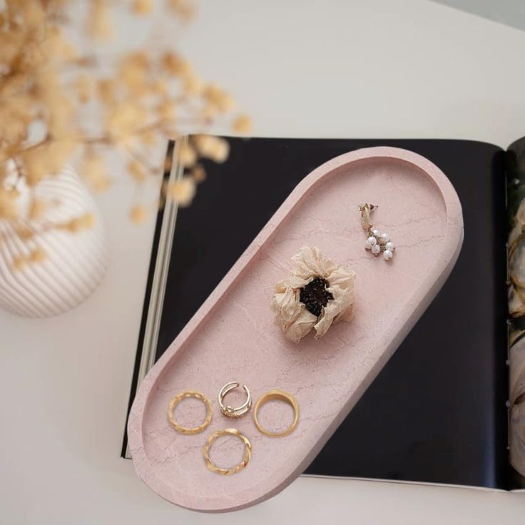 Natural Travertine Tray, Vanity Trays for Bathroom Countertop Organizer, Marble Decor Tray for Kitchen Counter (Pink, 9.8")