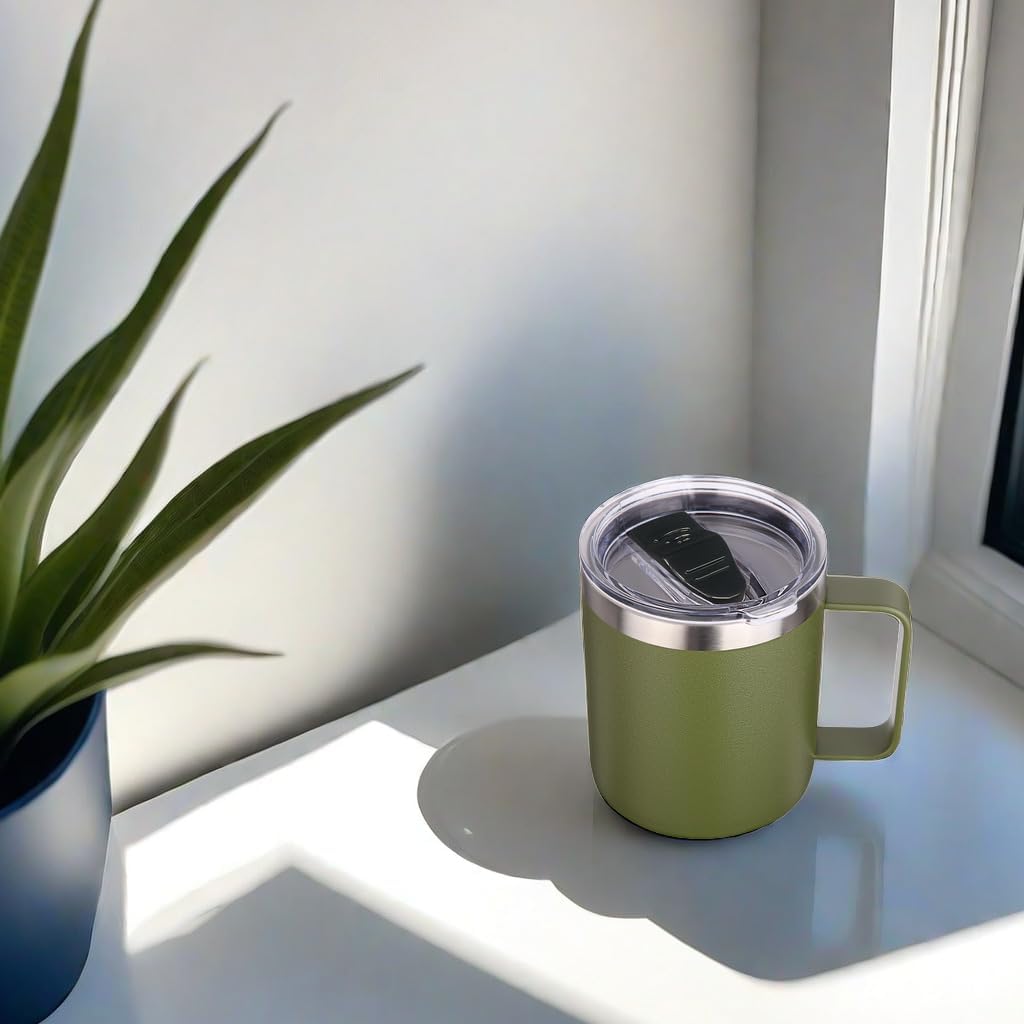 Volhoply 14oz Insulated Stainless Steel Coffee Mug with Leakproof Lid,Double Wall Vacuum Travel Coffee Cup with Handle,Reusable Cups Tumbler,Camping Mugs Keep Hot,Ideal Gifts(Army Green,1)