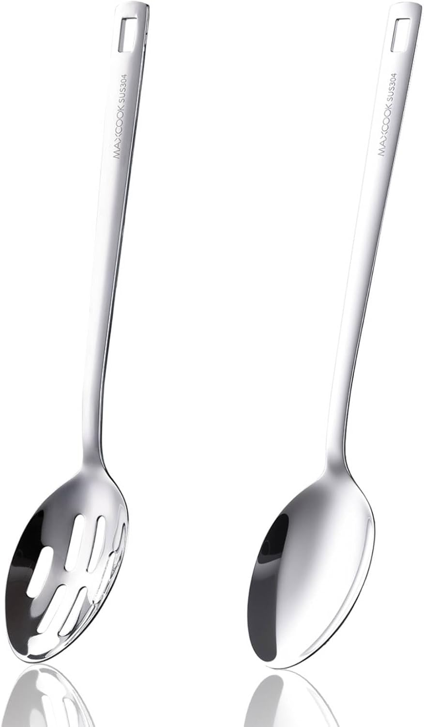 18/8 Stainless Steel Cooking Spoons Set - 2-Piece Solid Slotted Serving Spoon Cooking Utensils set for Pasta, Veggies, Salads (Dishwasher-Safe)