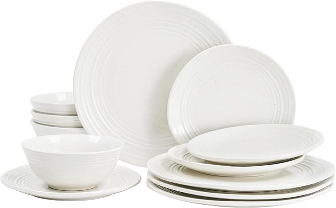 Famiware Plates and Bowls Sets 12-Piece Stoneware Dinnerware Sets, Dishes Set for 4, Speckled Hand-made Reactive Glaze Dish Set, Twilight Series, White