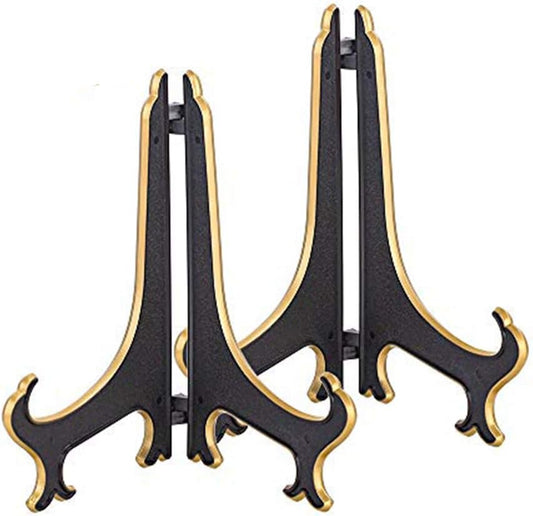 Artliving 8 Inch Plate Display Stand - Adjustable Easel Holder for Decorative Plates, Pictures, Cookbooks - Black Gold Tabletop Stands with Foldable Design - 2 Pack