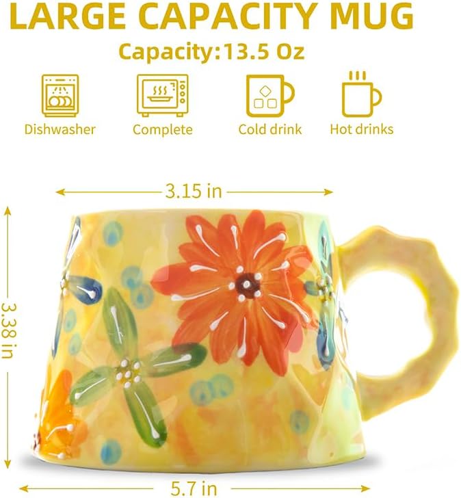 13oz ceramic mug, enlarged and thickened breakfast cup, suitable for spring, summer, autumn and winter, hand-painted cup, a personalized gift for girlfriend.