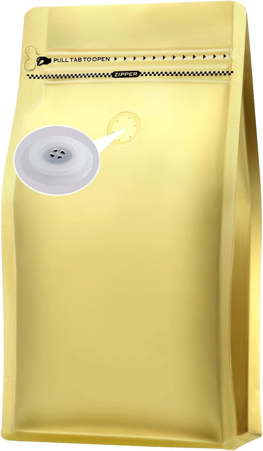 REMTAP Coffee Bags with Valve(50pcs,16 oz,1 lb) Gold High Barrier Aluminum Foil Flat Bottom Standing Coffee Beans Storage Bags,Reusable Heat Sealable Side Zipper Pouches for Home or Store