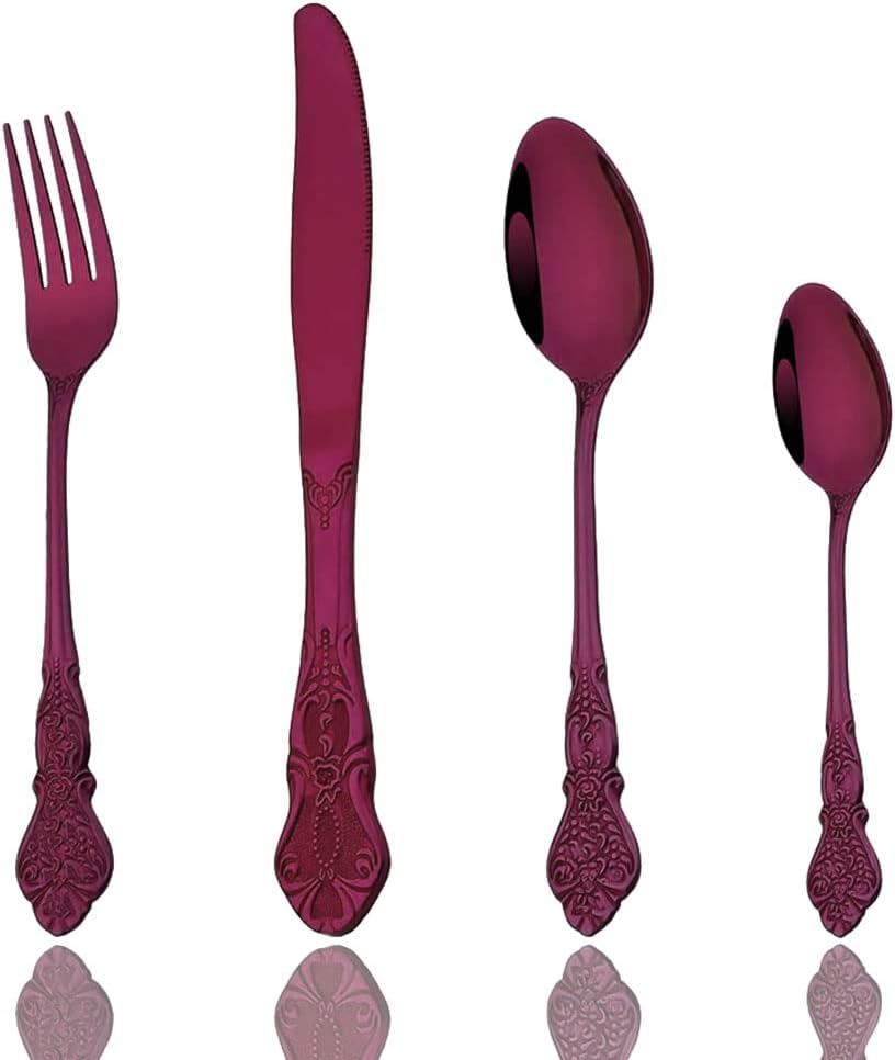 JASHII 4-Piece Purple Cutlery Set Silverware Set, Mirror Polished, Stainless Steel Flatware Cutlery Eating Utensils Service for 1, Unique Elegant Pattern, Dishwasher Safe (Purple)