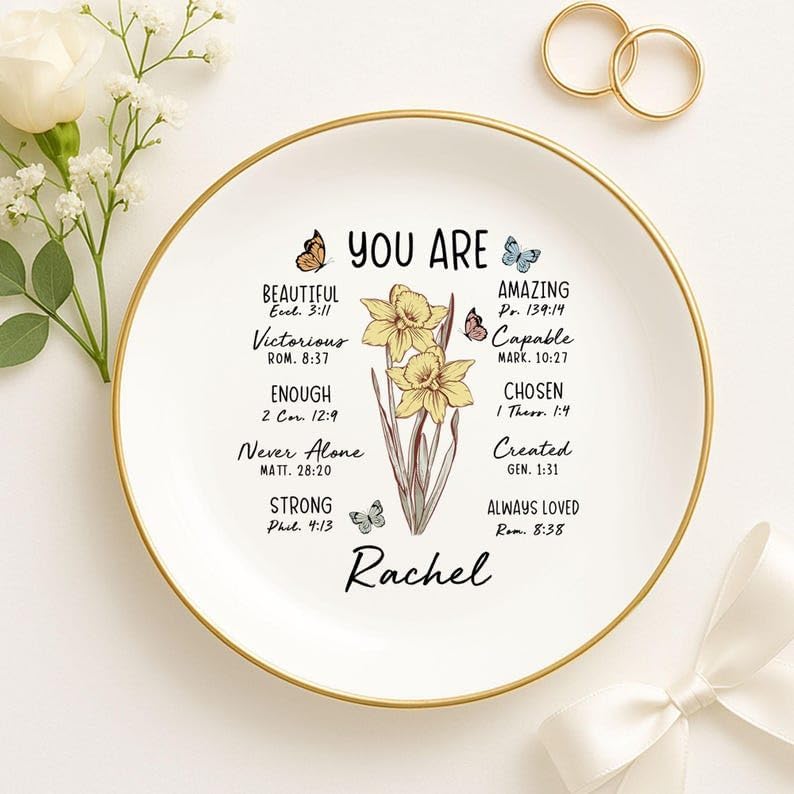 V-DECORPARKS God Says I Am Personalized Jewelry Dish – Custom Bible Verse Ring Storage Gift for Her, Christian Faith Gift for Women, Scripture Trinket Holder with Name & Birth Flower