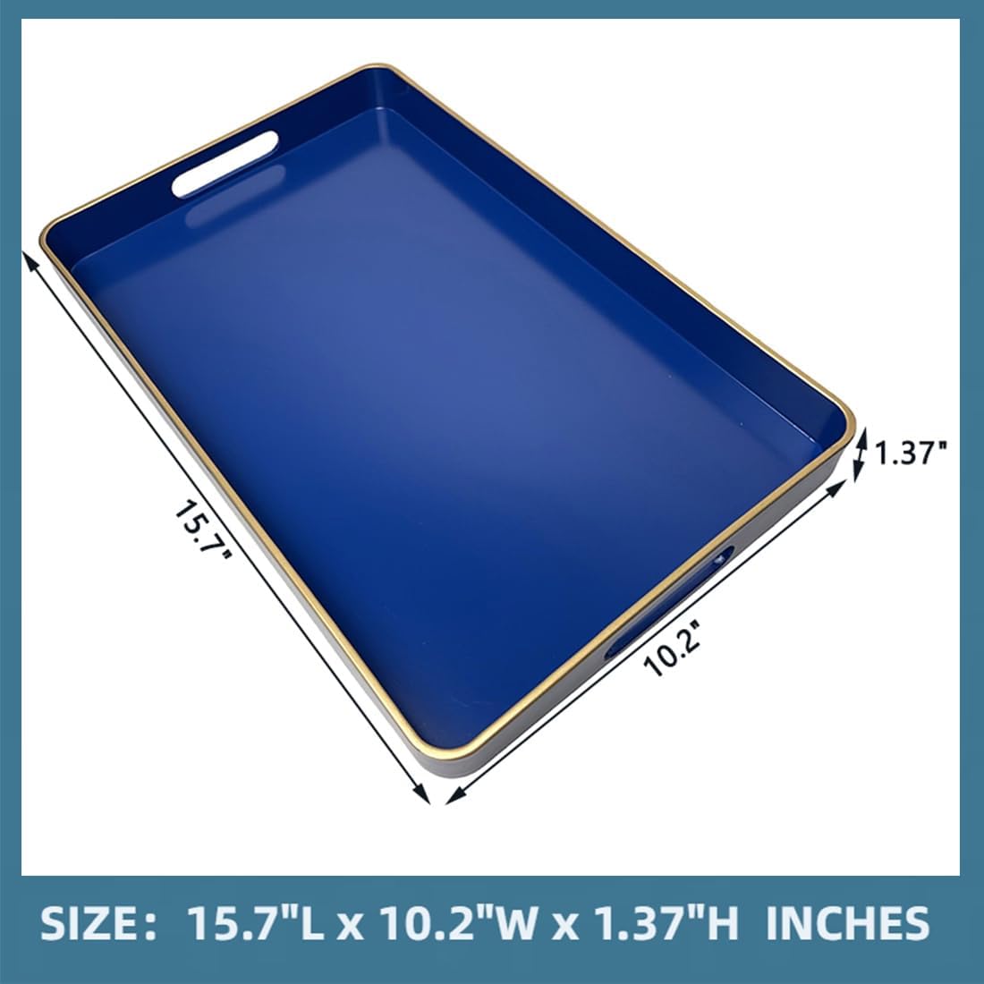Navy Blue Serving Tray with Handles, Rectangular Decorative Tray for Coffee Table, Plastic Rectangular Tray for Ottoman, Living Room, Bathroom, Home Decor 15.7” x 10.2” x1.37”