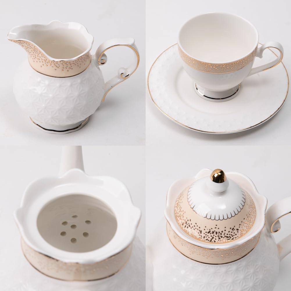 Sweejar 21 Pieces Porcelain Tea Set, Vintage Gold Trimmed Teapot Cup and Saucer Set, Tea Cup for Loose Tea, Sugar Bowl and Creamer Pitcher with Spoons, Service for 6(Classic Gold)