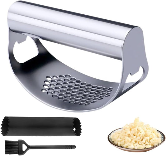 Stainless Steel Garlic Press, 2025 New Arc Shape Stainless Steel Ring Garlic Chopper, Garlic Presse Rocker Garlic Press Mincer Crusher Press, Kitchen Heavy Duty Handle Garlic Chopper (1)