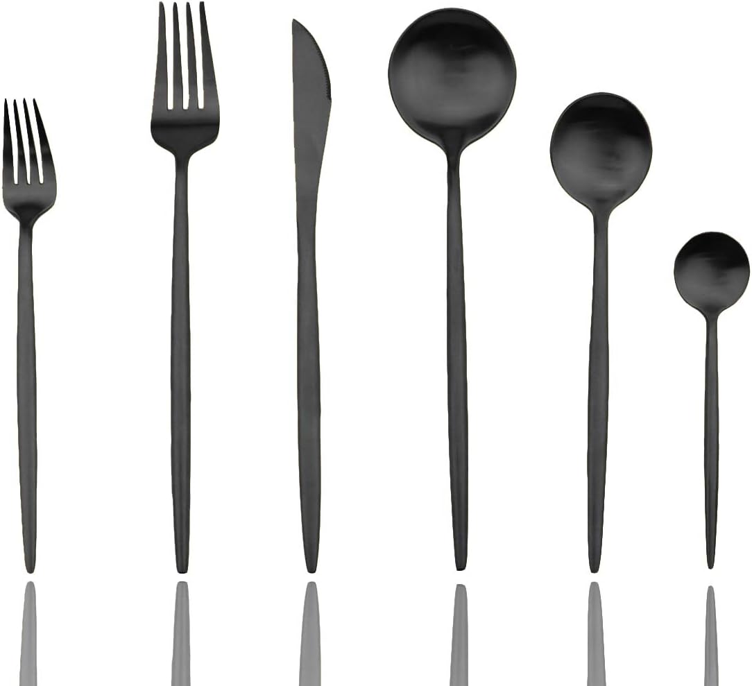 JASHII Luxury Black Flatware, Silverware Sets, 24-pieces Elegant Cute 18/10 Stainless Steel Silverware Set for Eating Home Kitchen Hotel Restaurant, Service Sets for 4 People, Dishwasher Safe