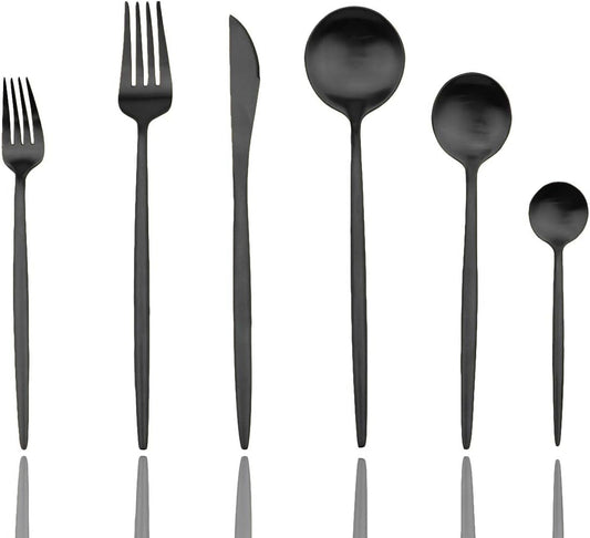 JASHII Luxury Black Flatware, Silverware Sets, 24-pieces Elegant Cute 18/10 Stainless Steel Silverware Set for Eating Home Kitchen Hotel Restaurant, Service Sets for 4 People, Dishwasher Safe