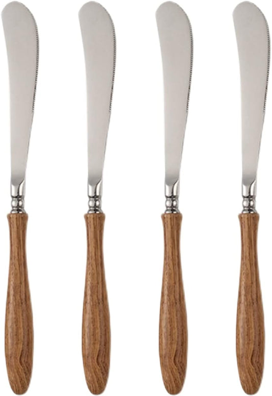 4 Pcs Dinner Knife with Wood Handle, 304 Stainless Steel Table Knives, Silverware Cutlery Dessert Spreader Knives, Mirror Polished, 8.58 Inch (Silver & Wood Grain)