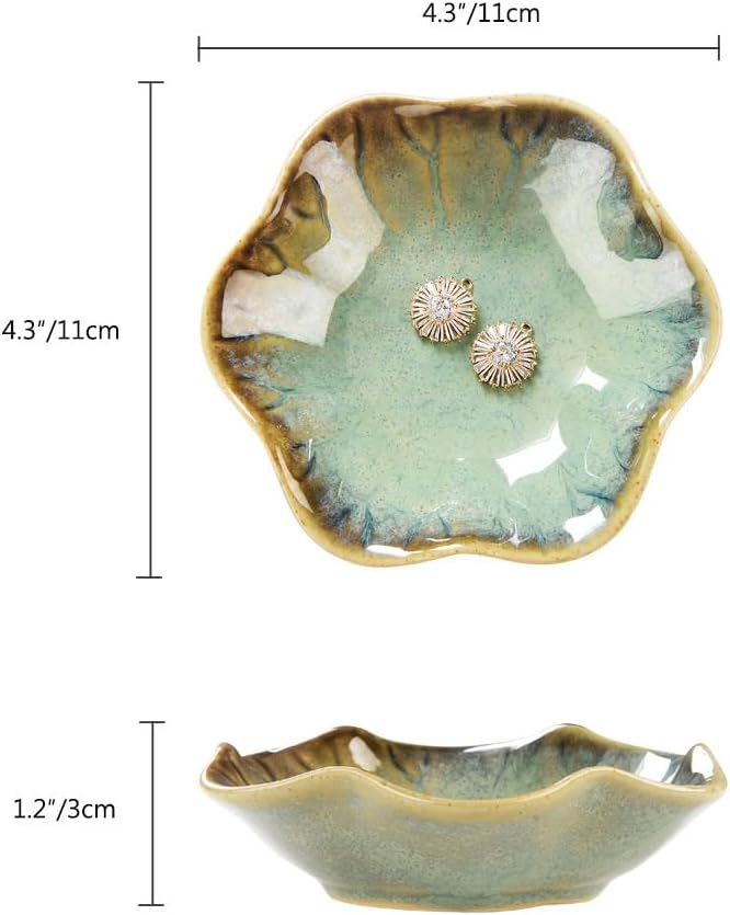 Lotus Leaf Shape Ring Holder Dish, Small Key Bowl, Ceramic Trinket Tray Jewelry Dish Organizing Necklace Earrings for Mom Friend Sister. All Jewelries Are NOT Included. Crystal Green.
