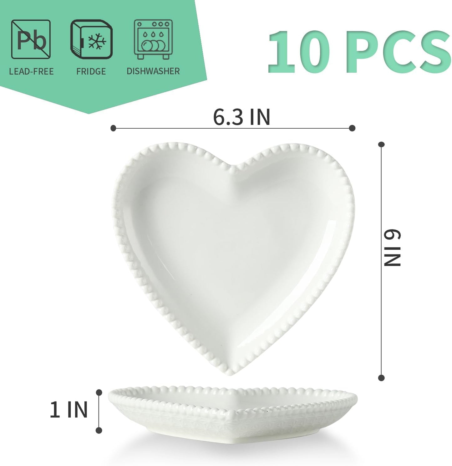 OMAYKEY 6.3 Inch Ceramic Dessert Plates Set of 10, Small Salad Plates, Porcelain Heart Shaped Appetizer Plates, Dinner Plates for Cake, Snack, Ice Cream, Microwave, Oven, Dishwasher Safe, White