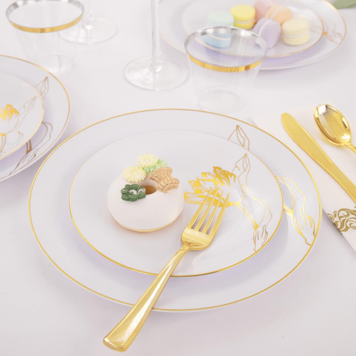 Nervure 175PCS White Plastic Plates - Floral White Gold Disposable Plates Include 50Plates, 25Forks, 25Knives, 25Spoons, 25Cups, 25Napkins Perfect for Wedding & Party