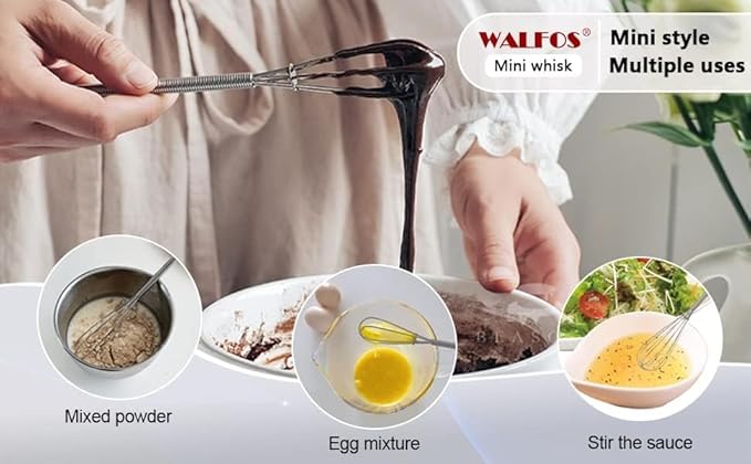 Walfos Whisk,304 Stainless Steel Mini whisk,Small Whisk.6in Long-Handle Non Rust Whisks Nice for stirring individual eggs and mixing small amounts of powder and sauce.Dishwasher Safe.(5+7+10in)