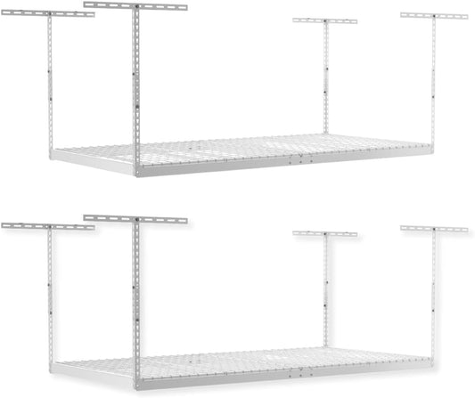 2-Pack 4 x 8 MonsterRax Overhead Garage Storage Rack, Ceiling Racks for Garage, Organization Shelving, Adjustable Hanging Shelf, White, 12"-21" Height Adjustment