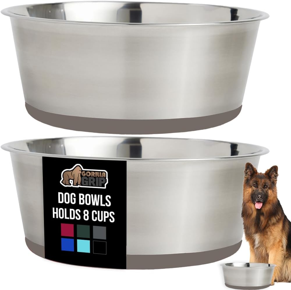 GORILLA GRIP Set of 2 Dog Bowls, Holds 8 Cups (64 fl oz), Heavy Duty Metal Food and Water Bowl for Feeding Dogs and Cats, Dishwasher Safe, Rust Resistant Stainless Steel, BPA Free Rubber Base, Beige