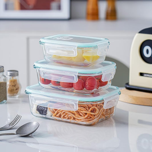3 Piece Glass Food Storage Container Set Sealed Reusable Pantry Kitchen Storage Container Glass Lunch Prep Container Lunch Box, Microwave, Refrigerator and Dishwasher.