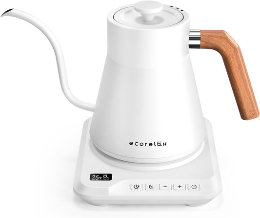 ECORELAX Gooseneck Electric Kettle, ±1℉ Temperature Control Pour Over Kettle for Coffee, Tea & Water, Stainless Steel 1200 W Keep Warm OLED Display 1 L (White)