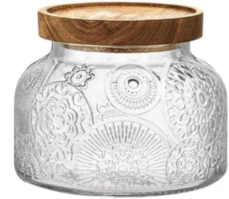 Vintage Decorative Jar 25.4FLOZ Glass Storage Container Mason Jar Candy Coffee Tea Nut Container Sugar Container, transparent, 750-FD1-wood lid