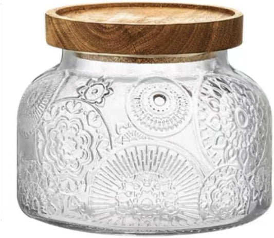 Vintage Decorative Jar 25.4FLOZ Glass Storage Container Mason Jar Candy Coffee Tea Nut Container Sugar Container, transparent, 750-FD1-wood lid
