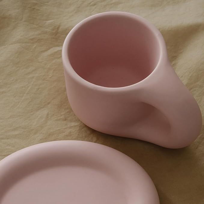 WENSHUO Chubby Funny Coffee Mug, Novelty Cute Cup and Saucer, Matte Crème, 9 oz (Matte Soft Pink)