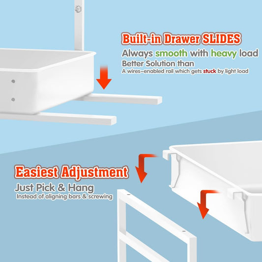EVERIE Height Adjustable 2 Tier Metal Pull Out Slide Shelf Organizer for Framed or Frameless Under Sink Cabinets in Kitchen, Bathroom, with Snap-on Top Tray (White, 2 Sets)