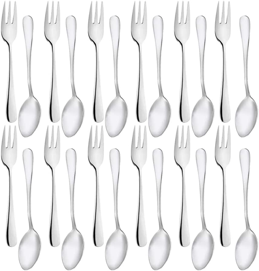 Snamonkia Small Appetizer Forks and Demitasse Spoons Stainless Steel Set of 24, 5.4 Inches, Salad Dessert Coffee Cocktail Espresso Flatware