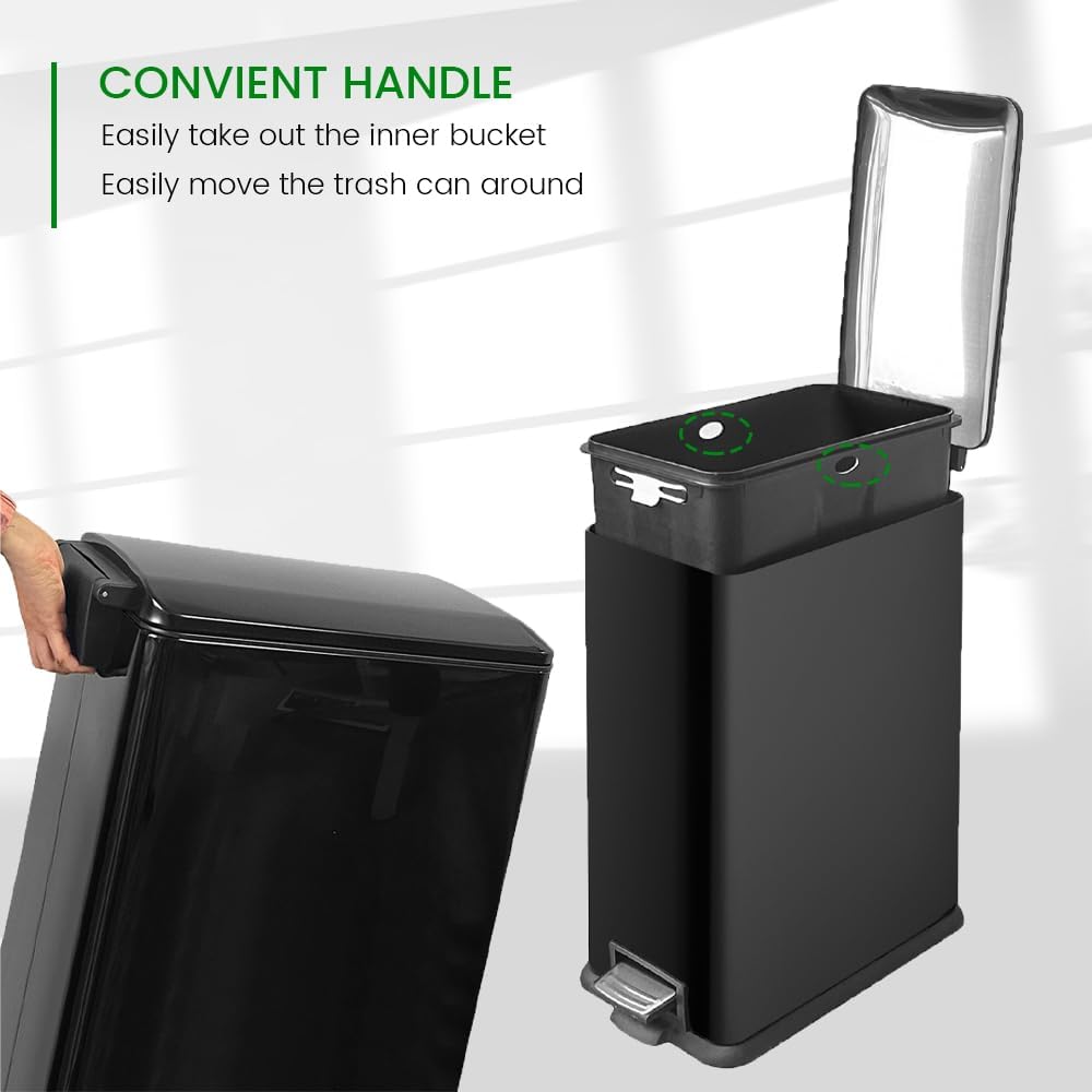 12 Gallon Slim Trash Can with Lid，45 Liter Kitchen Garbage Can,Black Stainless Steel Step Bin for Narrow Spaces with Soft-Close Lid, Inner Bucket, and Step-on Pedal