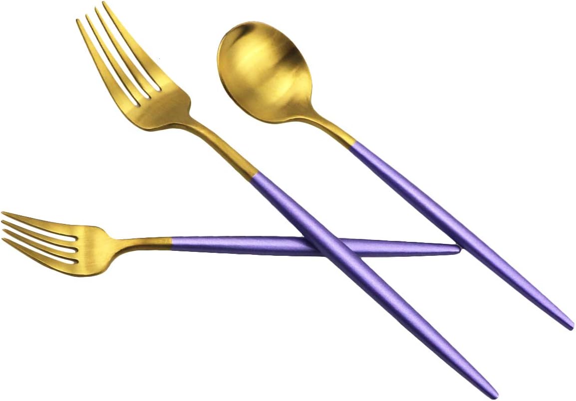 JASHII Silverware Sets, 20-Piece Purple Flatware 18/10 Stainless Steel Heavy Weight Forged Cutlery Eating Utensils Forks Spoons Knives Set Tableware Service for 4 Matte Finished (Purple & Gold)