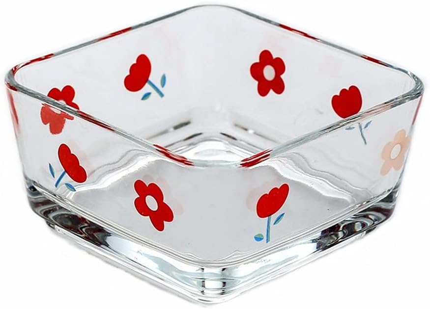 9 OZ Small Flower Candy Dish Cute Floral Candy Bowl Mini Square Glass Bowl for Dessert,Snack,Fruit,Icecream,Yogurt,Dipping,Prep,Clear Serving Bowl