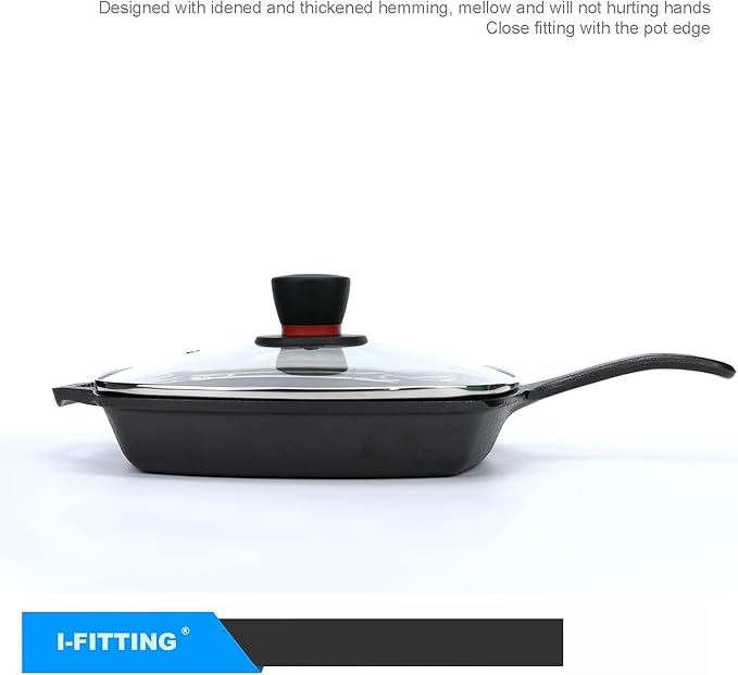 Square Glass Lid for Grill Pans with Steam Vent Hole - Fits Lodge Cast Iron Skillets 10.5inch(26.67cm) - Square Tempered Glass Lid - Universal Replacement Cover Bakelite Round Knob