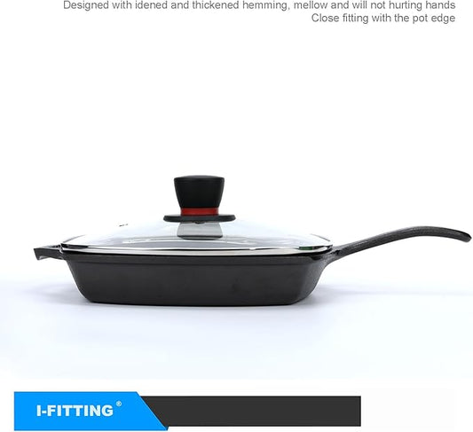 Square Glass Lid for Grill Pans with Steam Vent Hole - Fits Lodge Cast Iron Skillets 10.5inch(26.67cm) - Square Tempered Glass Lid - Universal Replacement Cover Bakelite Round Knob