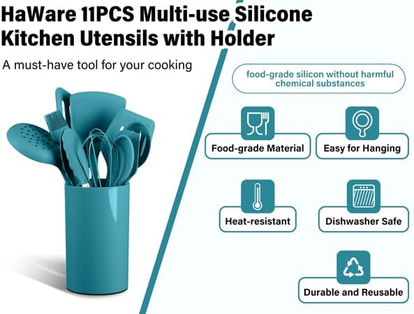 HaWare 11 PCS Silicone Cooking Utensils Set, Heat Resistant Kitchen Utensils with Holder, Food-grade Spatula Sets for Nonstick Cookware, Kitchen Tools Gadgets Include Fish Turner, Spoon (Blue)