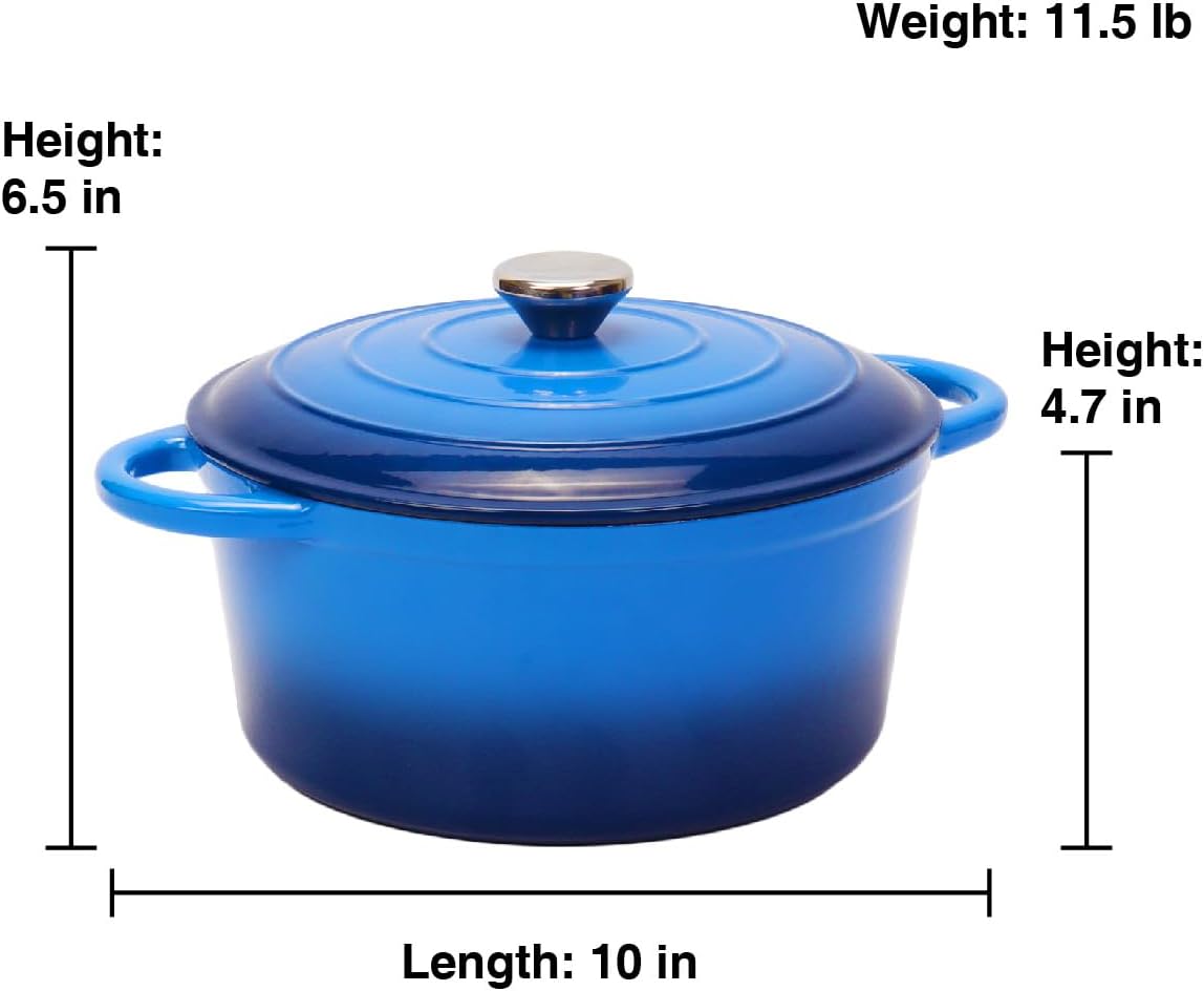 5 Quart Enameled Cast Iron Dutch Oven Pot with Lid, Dual Handle for Bread Baking, Heavy-Duty Cookware for Braising, Stews, Roasting (Blue)