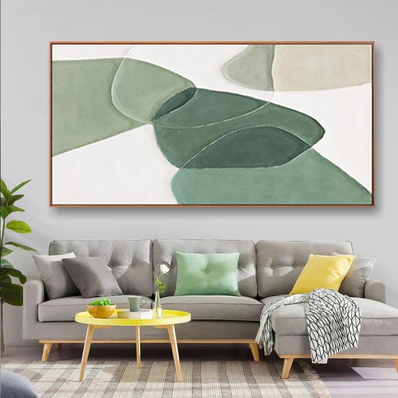 Modern Wall Art Large Geometric Green And White Geometric Color Block Line Art Painting Artwork Canvas Simple Picture Textured Artwork Framed For Living Room Bedroom Office Home Decor 29"X 58"