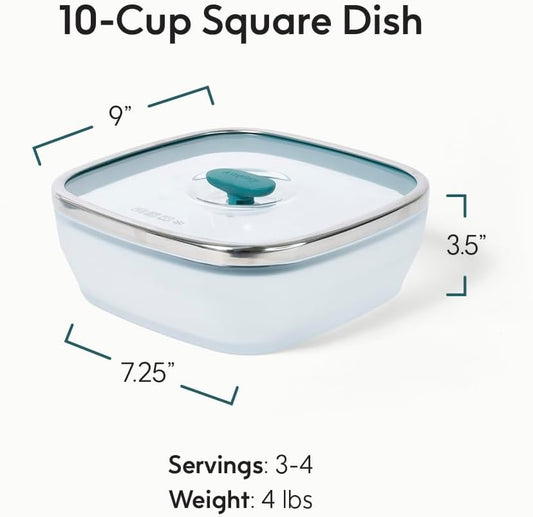 Anyday 10-Cup Square Glass Food Storage with Glass Lid | Plastic-Free Meal Prep & Microwave Cookware | Stackable Airtight Storage Container with Vented Lid for Microwave-Safe Reheating