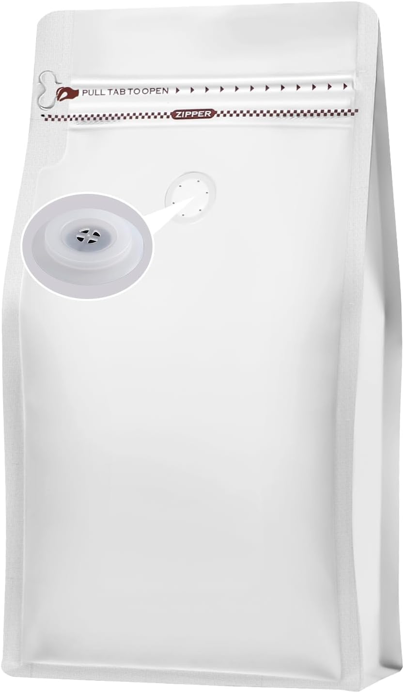 REMTAP Coffee Bags with Valve(50pcs,16oz) white High Barrier Aluminumed Foil Flat Bottom Standing Coffee Beans Storage Bags,Reusable Heat Sealable Side Zipper Pouches for Home or Store