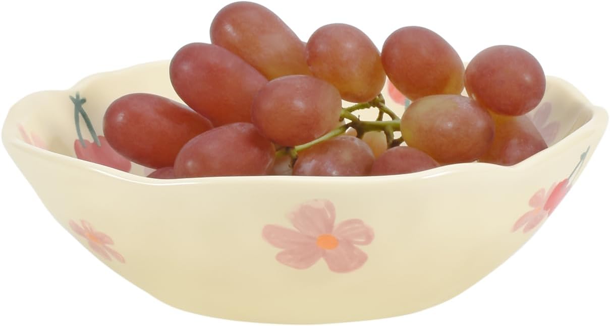 Koythin Salad Bowls, Cute Cherry Flower Ceramic Bowls, Cream Yellow Serving Bowl for Pasta, Cereal, Fruit, Soup, Rice, Dishwasher and Microwave Safe (Cherry Set of 1)