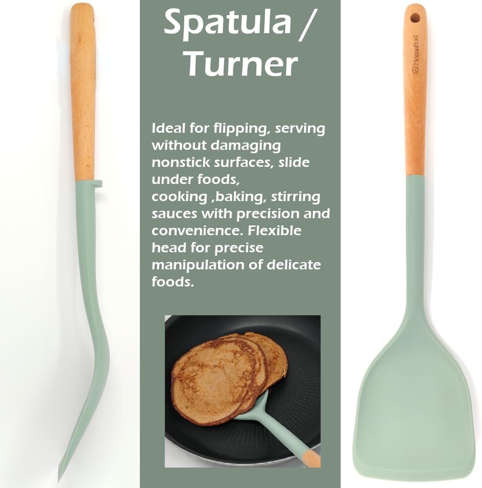 Set of 3 Kitchen Essentials Utensils Set of Silicone Spatulas 15 inches Large Heat Resistant 600F Cooking Baking Non Slip Handles Won't scratch Cookware, Turner Rubber Spatula Ladle Espatula (Green)