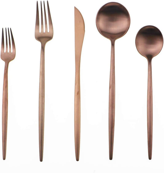 Matte Rose Gold Silverware Set,Gugrida 5-Piece 18/10 Stainless Steel Satin Finish Flatware Set,Kitchen Utensil Set,Tableware Travel Cutlery Set for Camping Office or School Lunch, Dishwasher Safe