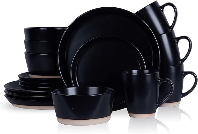 Stone Lain Jules Modern Stoneware 16-piece Round Black Dinnerware Set, Plates and Bowls Sets, Dish Set for 4, Black