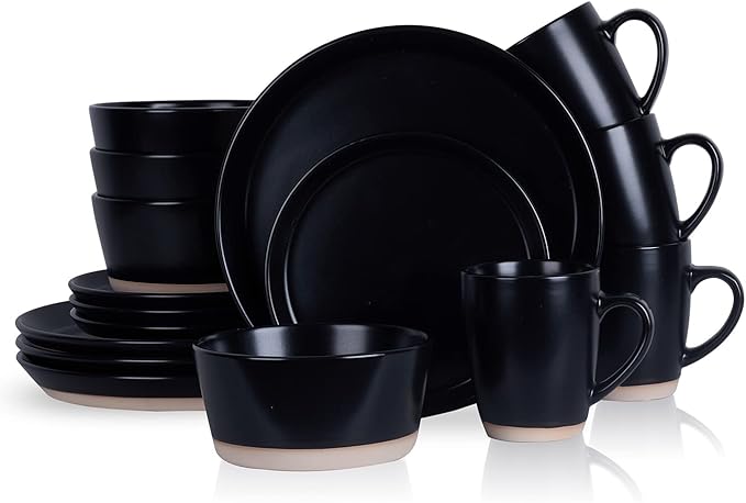 Stone Lain Jules Modern Stoneware 16-piece Round Black Dinnerware Set, Plates and Bowls Sets, Dish Set for 4, Black