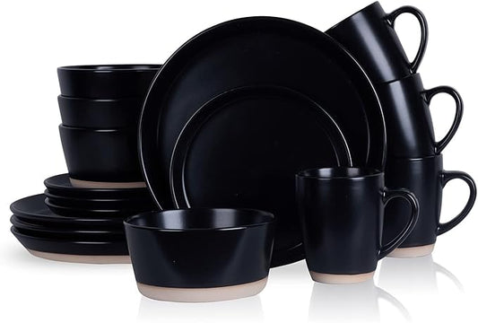 Stone Lain Jules Modern Stoneware 16-piece Round Black Dinnerware Set, Plates and Bowls Sets, Dish Set for 4, Black
