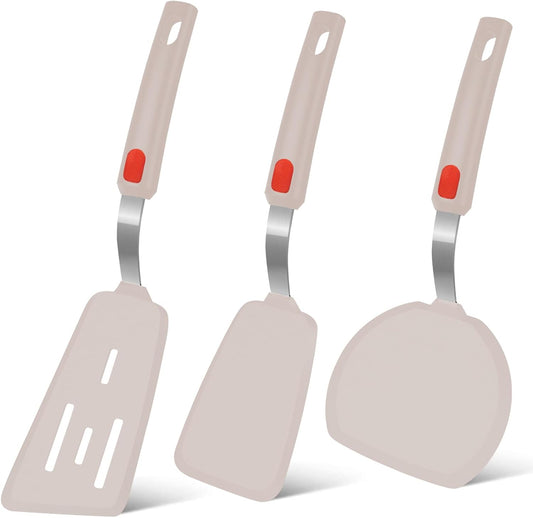 Beijiyi Silicone Spatula Turner Set of 3, 600°F Heat Resistant Nonstick Turner Spatulas for Kitchen Use, Large Flexible Silicone Cooking Utensils Rubber Spatula Set for Egg, Pancake, Fish (Khaki)