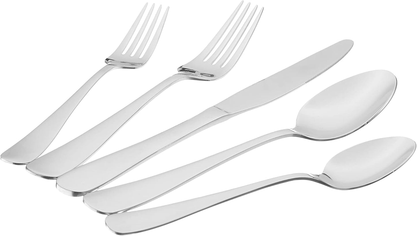 Amazon Basics Silverware Set, Stainless Steel Flatware, Dishwasher Safe, Service for 4, 20-Piece Forks and Spoons, Round Edge