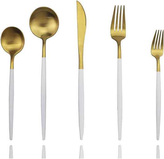 JASHII Luxury Wthie Gold Flatware, Silverware Sets, 5-piece Elegant Cute 18/10 Stainless Steel Silverware Set for Eating Home Kitchen Hotel Restaurant, Service Sets for 1 People, Dishwasher Safe
