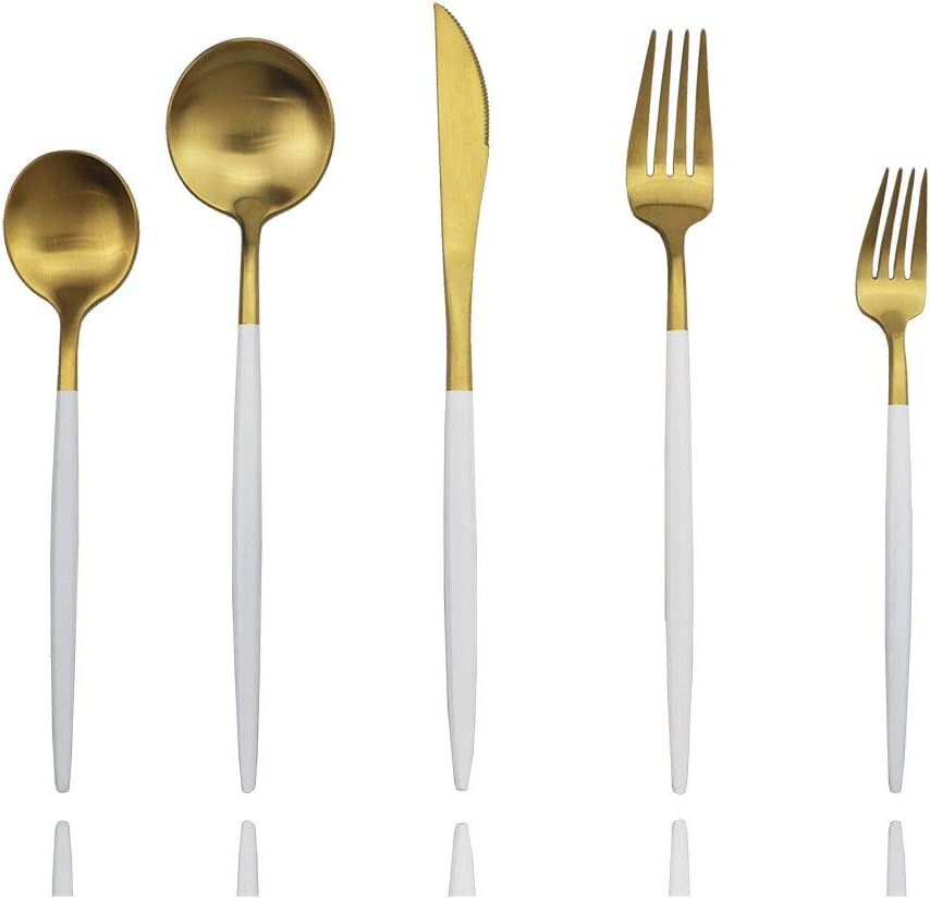 JASHII Luxury Wthie Gold Flatware, Silverware Sets, 20-piece Elegant Cute 18/10 Stainless Steel Silverware Set for Eating Home Kitchen Hotel Restaurant, Service Sets for 4 People, Dishwasher Safe